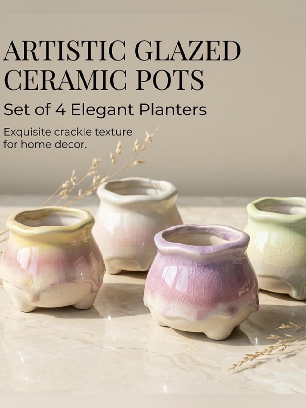 4 Ceramic Succulent Planters w/ Crackle Glaze